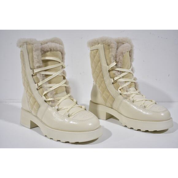 Chanel 21K Ivory Velvet Shearling Fur Brave CC Lace Up Tie Ankle Tall Boots 36 - Picture 2 of 12